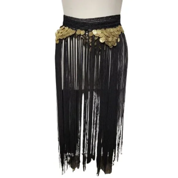 Hip Skirt Belly Dance Tassels Fringe Skirt Bellydance Coins and Fringe Hip Scarf - Picture 8 of 11